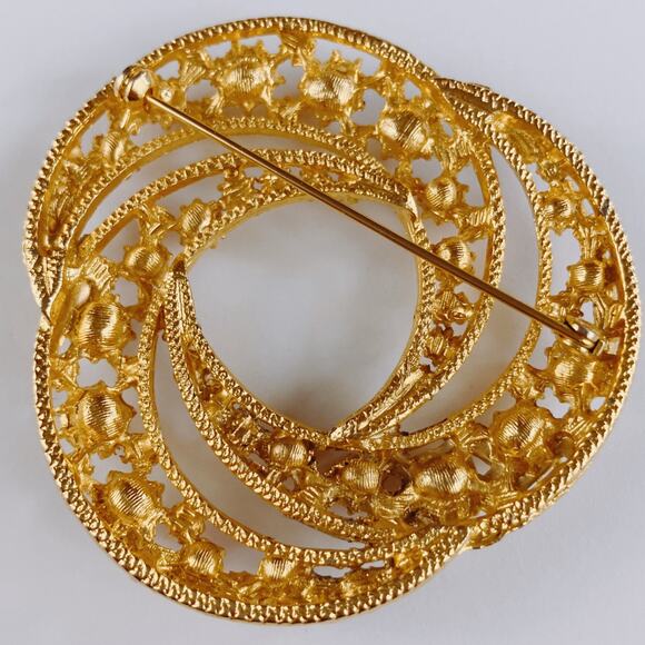 VTG Mid Century Brooch Faux Pearl Fuchsia Pink Rhinestone Layered Gold Tone Pin - Picture 8 of 11